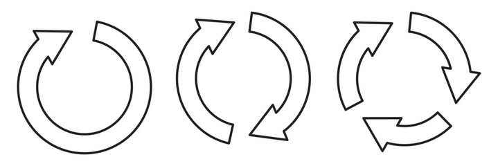 Circle arrow icon set. circular arrow icon, refresh, reload, rotation. Repeat and reload icons set and arrow rotation circle. outline stroke. Simple line circle arrow icon set. Editable stock.