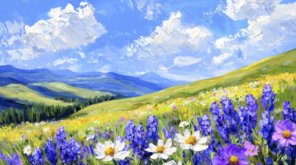 Obraz premium vibrant landscape featuring colorful wildflowers in lush meadow, with rolling hills and bright blue sky filled with fluffy clouds