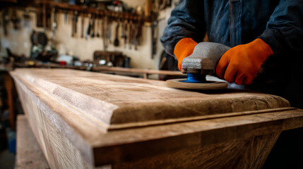 Coffin maker sanding wooden coffin in workshop with grinder.