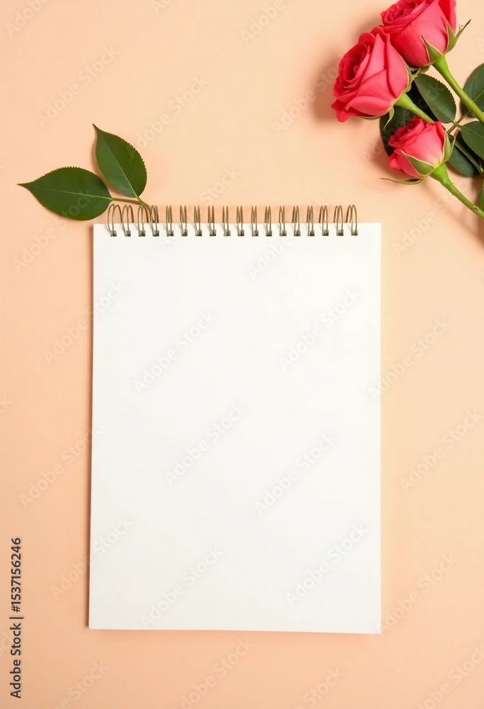 Poster a blank notepad rests on a soft pastel surface, surrounded by elegant pink roses and green leaves, c