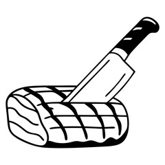 Grilled meat roll being sliced with a knife silhouette