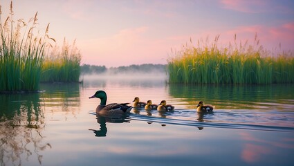 Duck Family Swimming in Calm Lake at Sunrise with Fog