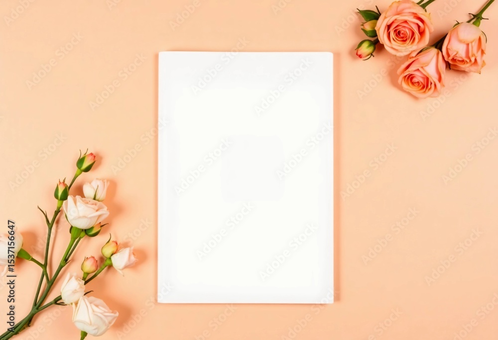 Aufkleber a blank notepad on a soft peach surface is framed by fresh roses, creating a calming atmosphere perf