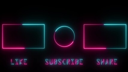minimalist neon outro screen: like, subscribe, share on black background