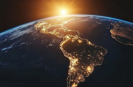Earth at dawn, Central and South America illuminated