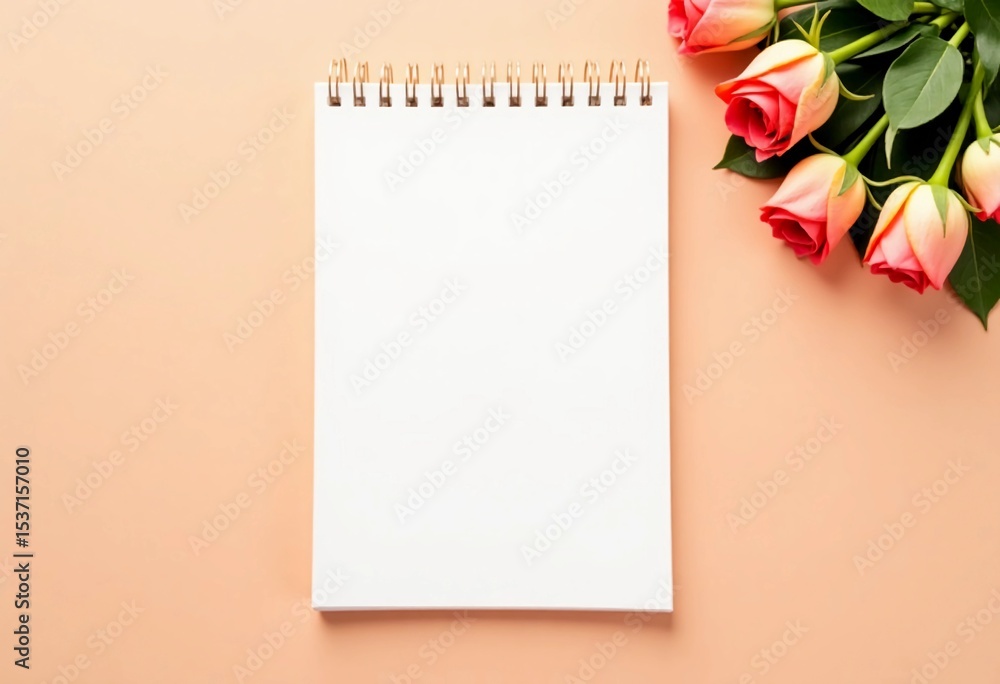 Poster a pristine notepad rests on a soft, warm surface, accompanied by charming pink roses that add a touc