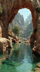 Scenic view of a tranquil river flowing through rocky terrain under a bright sky