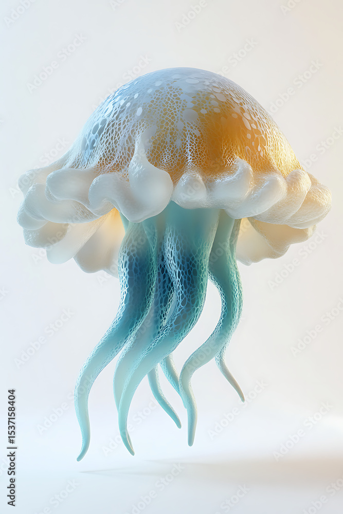Poster a translucent jellyfish gracefully floating in a serene underwater environment with soft lighting