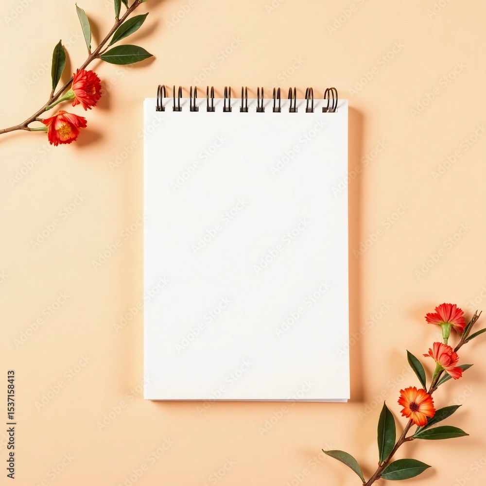 Poster a blank notepad sits amidst vibrant flowers on a soft peach background, creating a calm atmosphere p