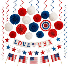 Obraz premium Red White Blue Patriotic USA Party Decorations with Flags and Stars Isolated Transparent Background PNG