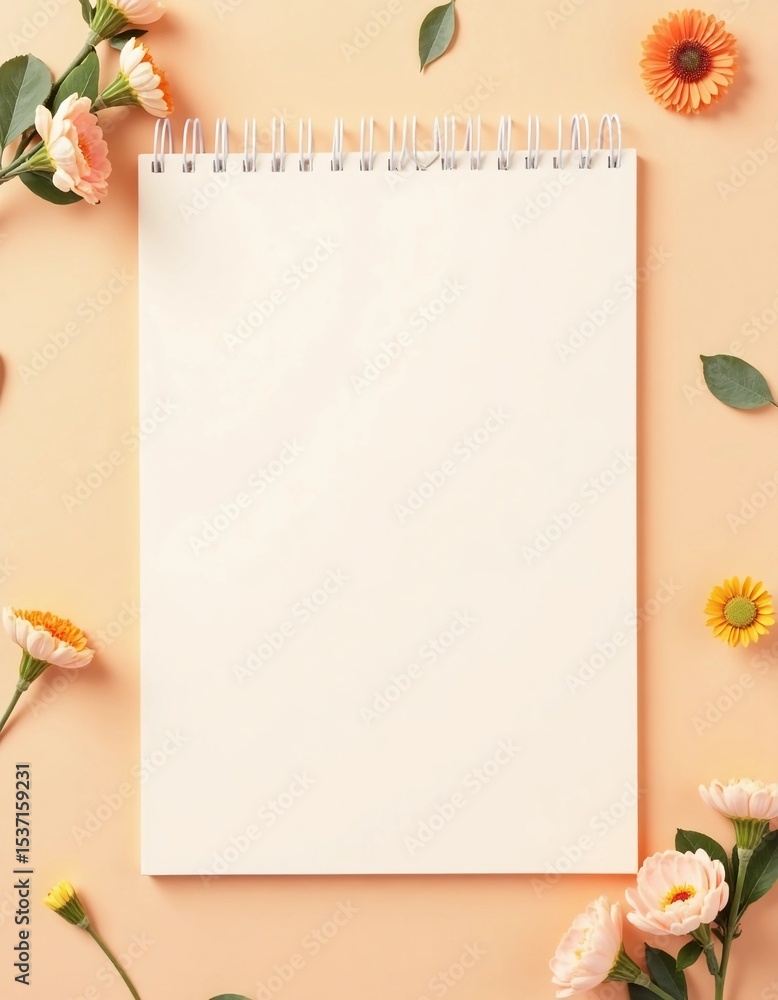 Poster delicate blooms in soft colors frame an empty notepad, creating a tranquil atmosphere perfect for jo