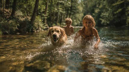 Kids and Golden Retriever in Nature Water Adventure