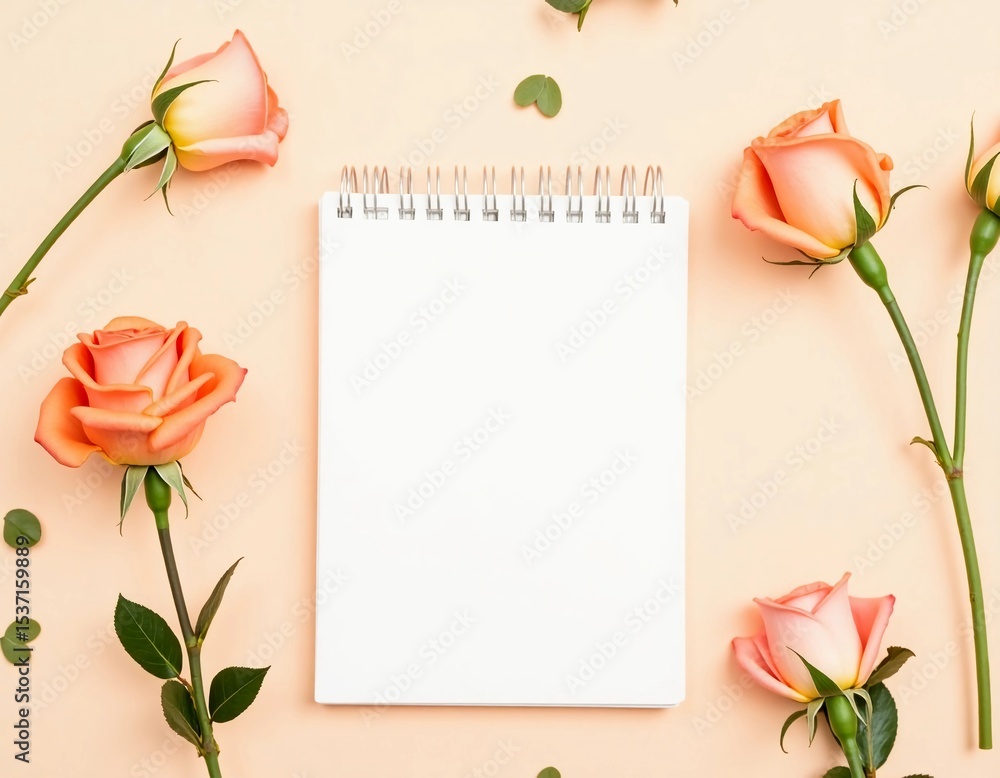 Poster a pristine notepad rests in the center, framed by delicate flowers and greenery, creating a serene s