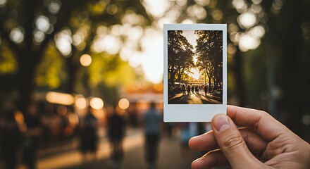 Hand holding polaroid picture of city park sunset, capturing memories and a sense of nostalgia, golden hour light.