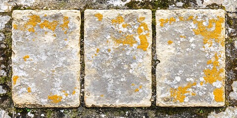 Three Stone Blocks with Lichen and Moss, Weathered Texture and Aging