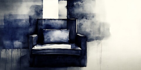 Watercolor painting of a classic chair with pillow in shades of indigo