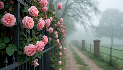 Climbing roses on a metal forged fence, garden, fog. AI generated.