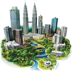 Cityscape panorama, modern skyscrapers, lush greenery, serene river