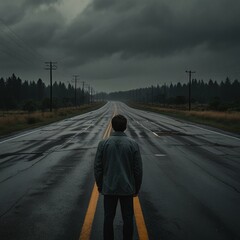 A lonely man on a dark road