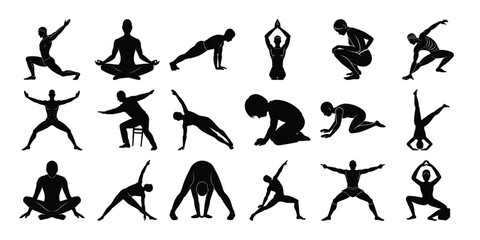 Men's  & Women yoga poses, Silhouette Vector Set on white Background.