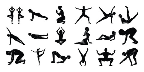Man and women yoga poses, Silhouette vector Bundle on white background.