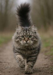 Majestic fluffy cat striding confidently.
