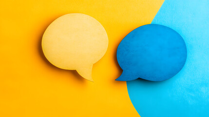 Two speech bubble shapes on blue and yellow background, representing communication