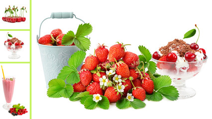Set of tasty juice, smoothie and ice cream, strawberries, currants and cherries isolated on white