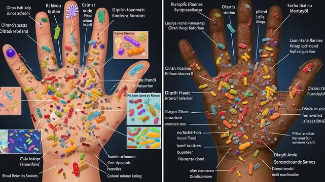 Detailed illustration of diverse bacteria on human hands, showcasing different skin tones and microbiomes