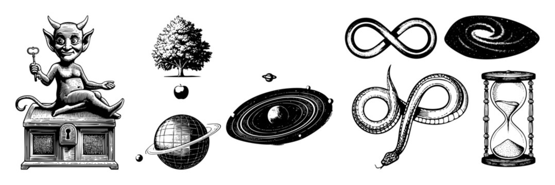 Vector Whimsical illustrations depict a devil tree planets infinity symbols snake and hourglass.