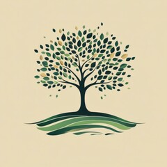 Stylized tree with green leaves and gold accents in a minimalist design on a soft beige background