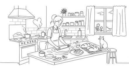 Woman baking bread in cozy kitchen, cat watching