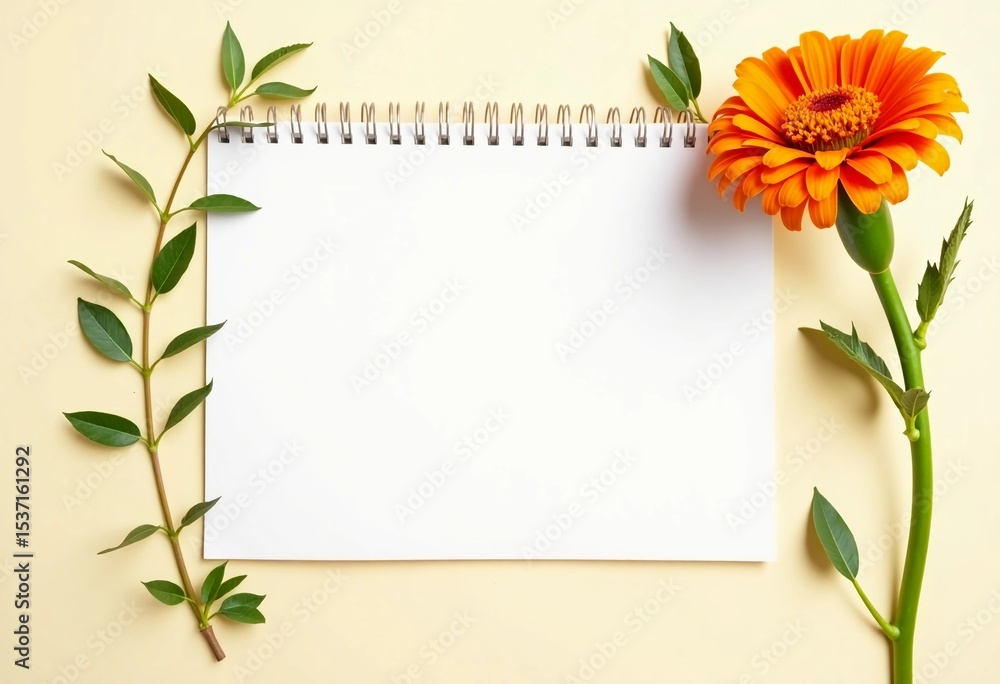 Poster a serene workspace showcases an empty notepad surrounded by a bright calendula flower and delicate g