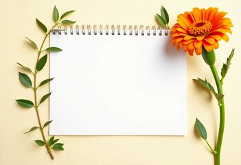 A serene workspace showcases an empty notepad surrounded by a bright calendula flower and delicate green leaves, inviting creativity and reflection in a peaceful setting Generative AI