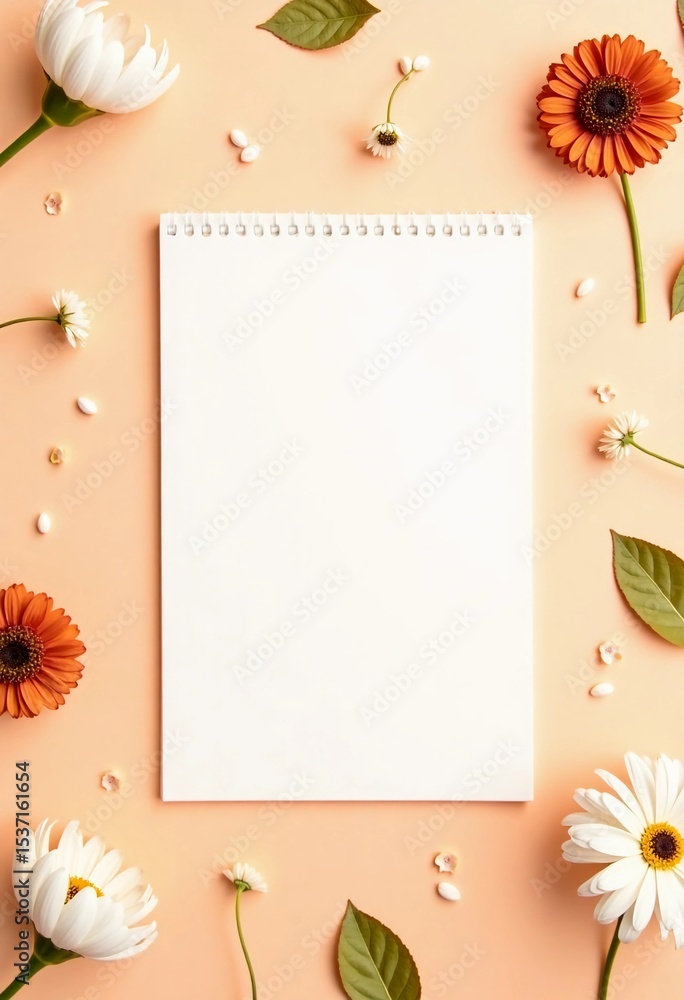 Aufkleber fresh flowers in soft hues frame an empty notepad, creating a serene atmosphere perfect for jotting 