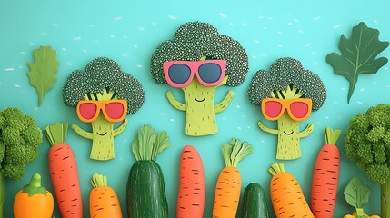 whimsical illustration of a dancing broccoli family wearing sunglasses surrounded by colorful vegetables on a picnic blanket promoting plant-based fun meals for kids