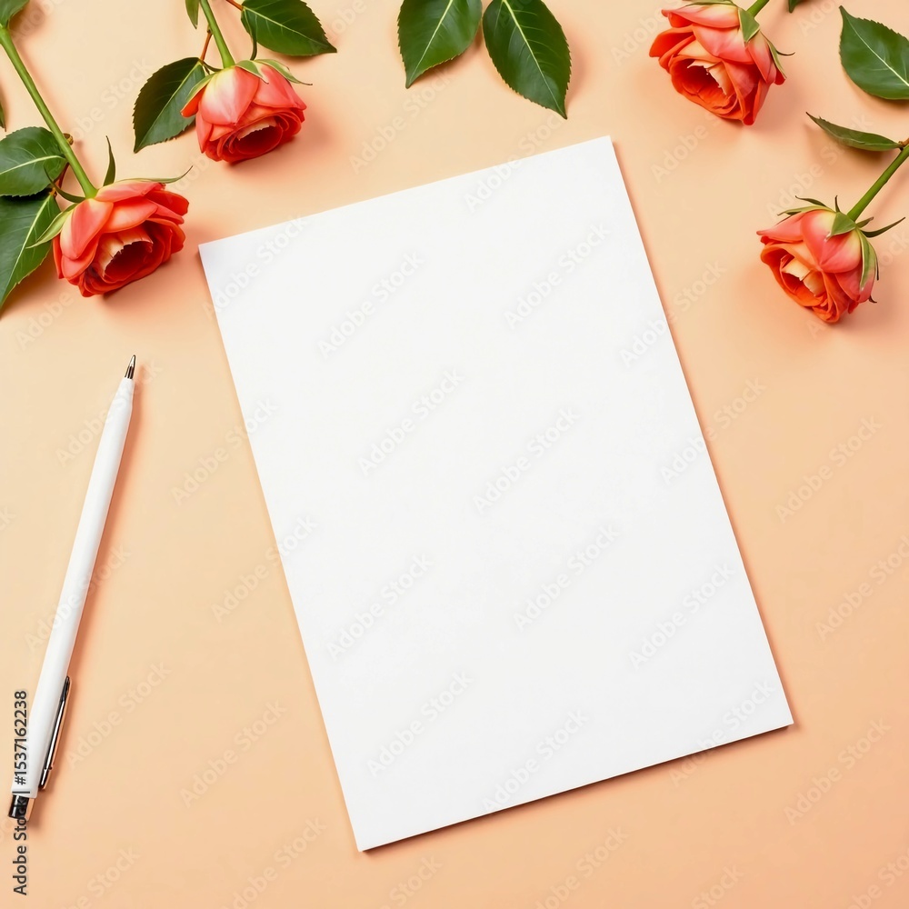 Poster on a soft peach background, a blank notepad rests beside a white pen and delicate roses, creating an