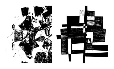 Vector Abstract geometric compositions featuring fragmented shapes and linear structures.