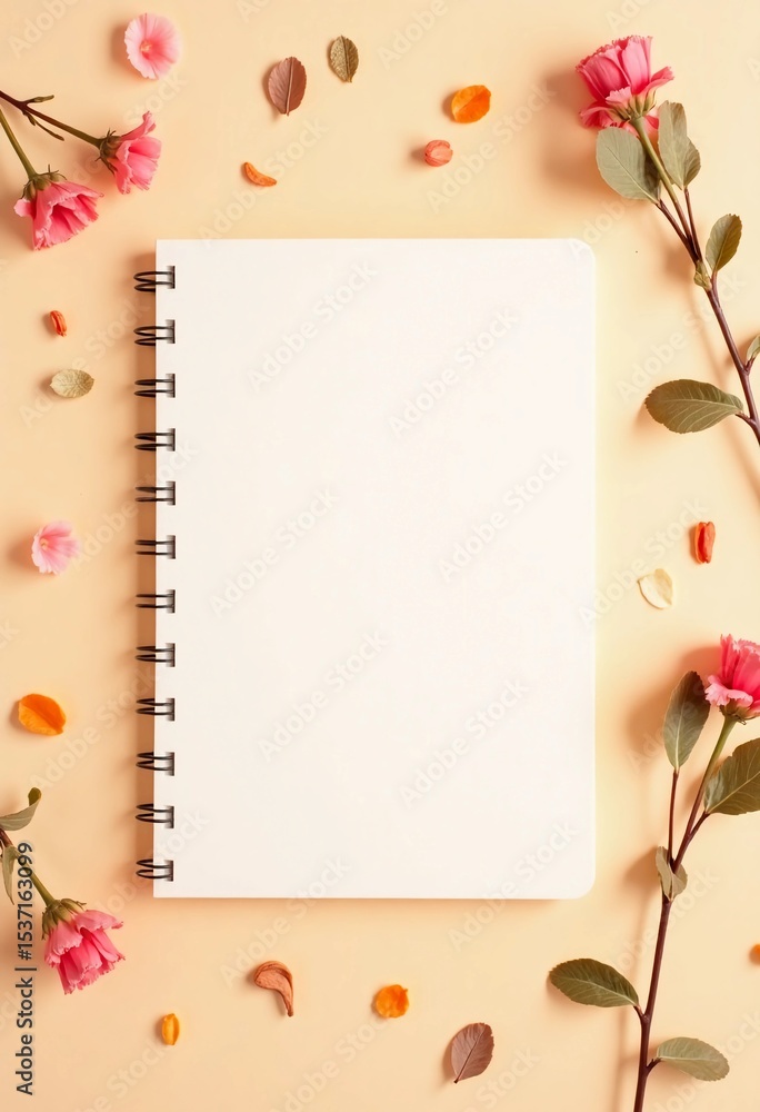 Poster a pristine notepad sits in the center, framed by colorful flowers and delicate petals, creating a pe