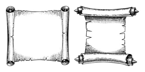 Vector Vintage scrolls with wooden rollers showcase aged parchment designs.