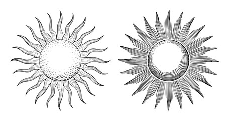 Fototapeta premium Vector Radiant sun illustrations with detailed rays showcase celestial energy.