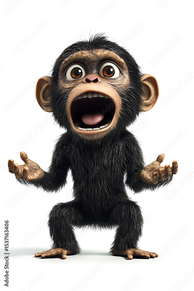 Poster animated monkey character expressing excitement with arms raised in a playful pose