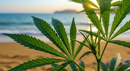 Cannabis Plant on Sandy Beach at Sunset