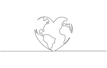 Earth globe continuous line drawing of the heart shape. Love world map one line art, World health day concept. Continuous line draw design graphic vector illustration.