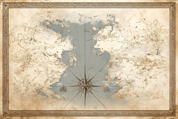 Fantasy-style antique world map with hand-drawn mountains, coastlines, and decorative compass rose in vintage parchment frame