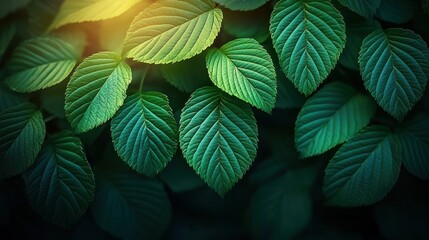 Fototapeta premium Close-up of vibrant green leaves, sunlit at top