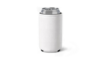 Blank white collapsible koozie mockup with silver can, ai generated