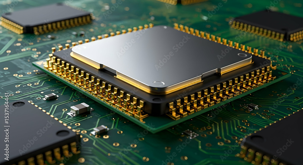 Aufkleber close up of a gold microchip on a green circuit board