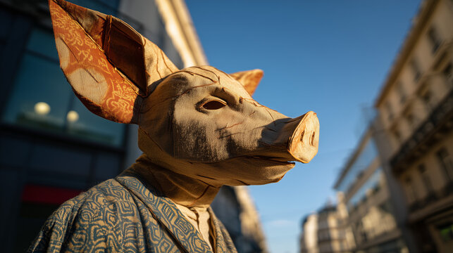 Performer in Vintage Pig Mask Walking Through French City Street during La Pourcailhade Festival in Golden Hour Light