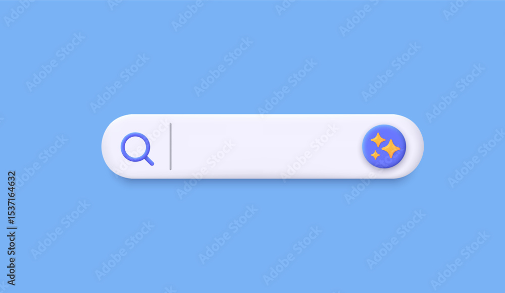 Poster 3D generative AI bar with a generate button. Generate and Magic star icon AI.  Artificial intelligence technology. Input prompt to create ideas. Trendy and modern vector in 3d style.
